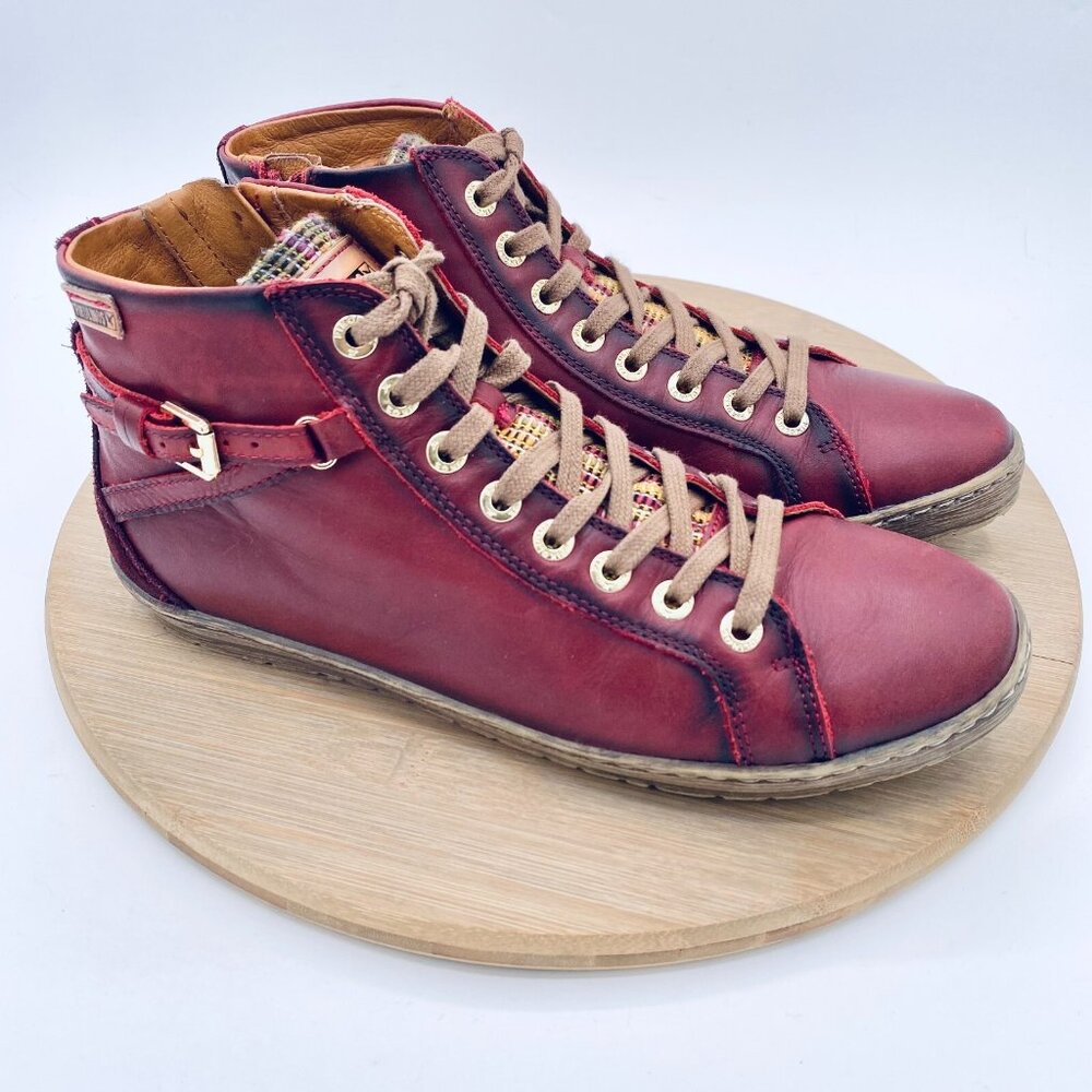Women's Burgundy Leather High-Top Cute PIKOLINOS Sneakers with Buckle